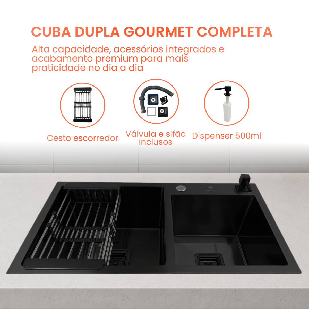 Cuba Gourmet Quadrada Aço Inox 304 Preta Com Acessórios 78X43cm - Imagem 3