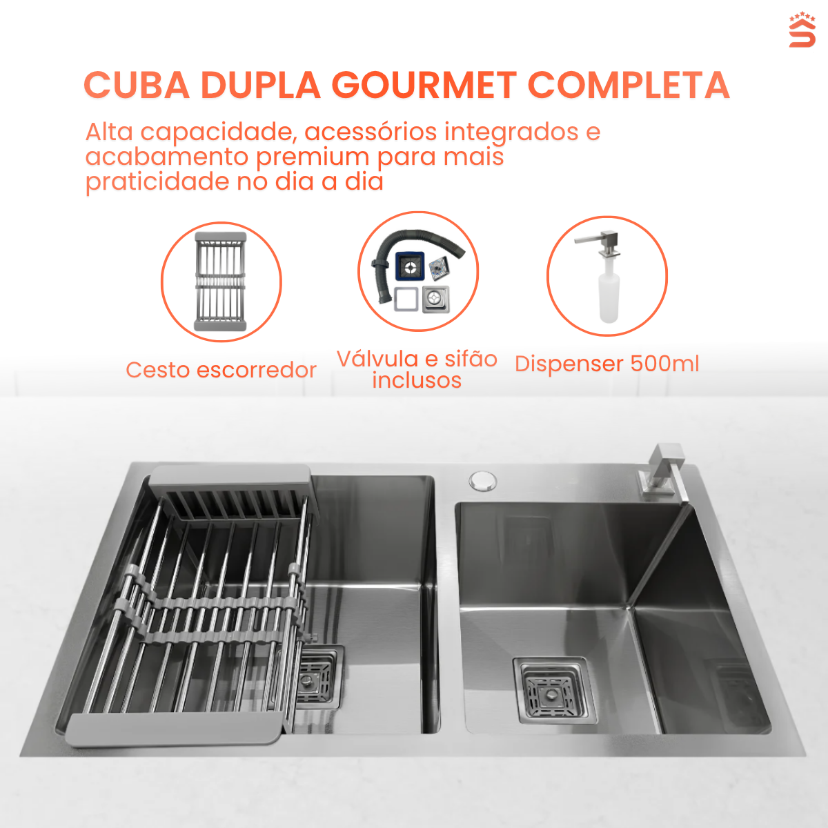 Cuba Gourmet Quadrada Aço Inox 304 Escovada Com Acessórios 78X43cm - Imagem 3