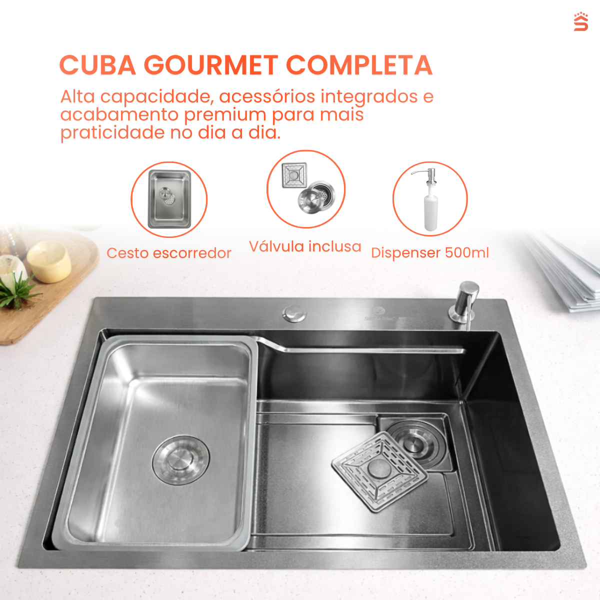 Cuba Gourmet Quadrada Aço Inox 304 68x45 Acessórios Grafite - Imagem 3
